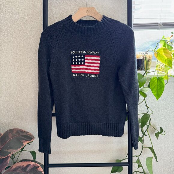 Ralph Lauren Polo Jeans Co. Cotton Knit Sweater with American Flag Size Small - Picture 1 of 4